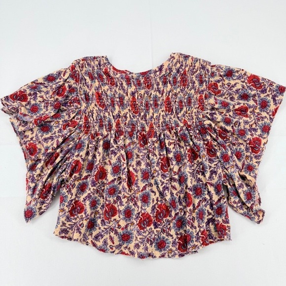Free People Ruffled Up Printed Smocked Boho Top Linen Blend S - Picture 5 of 12
